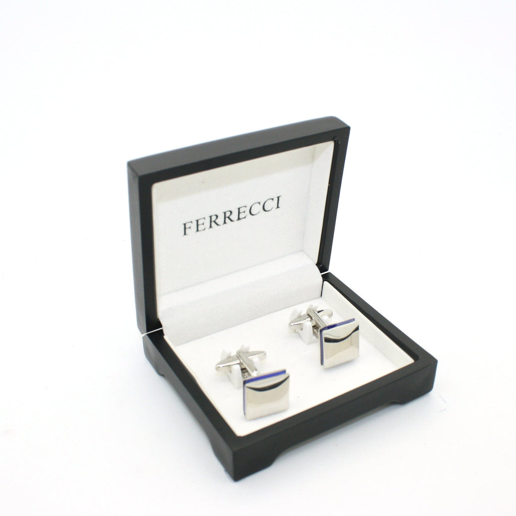 Silvertone Blue Lining Cuff Links With Jewelry Box-1