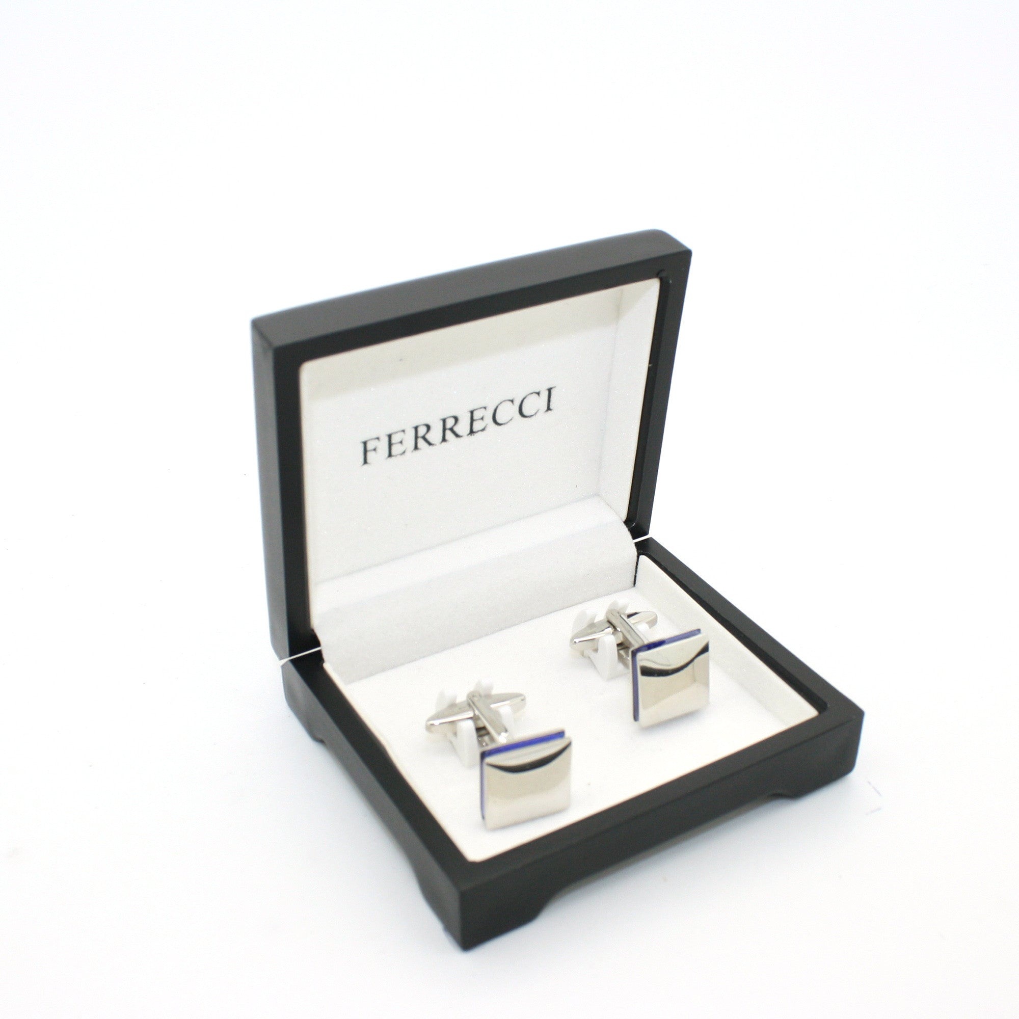 Silvertone Blue Lining Cuff Links With Jewelry Box-1
