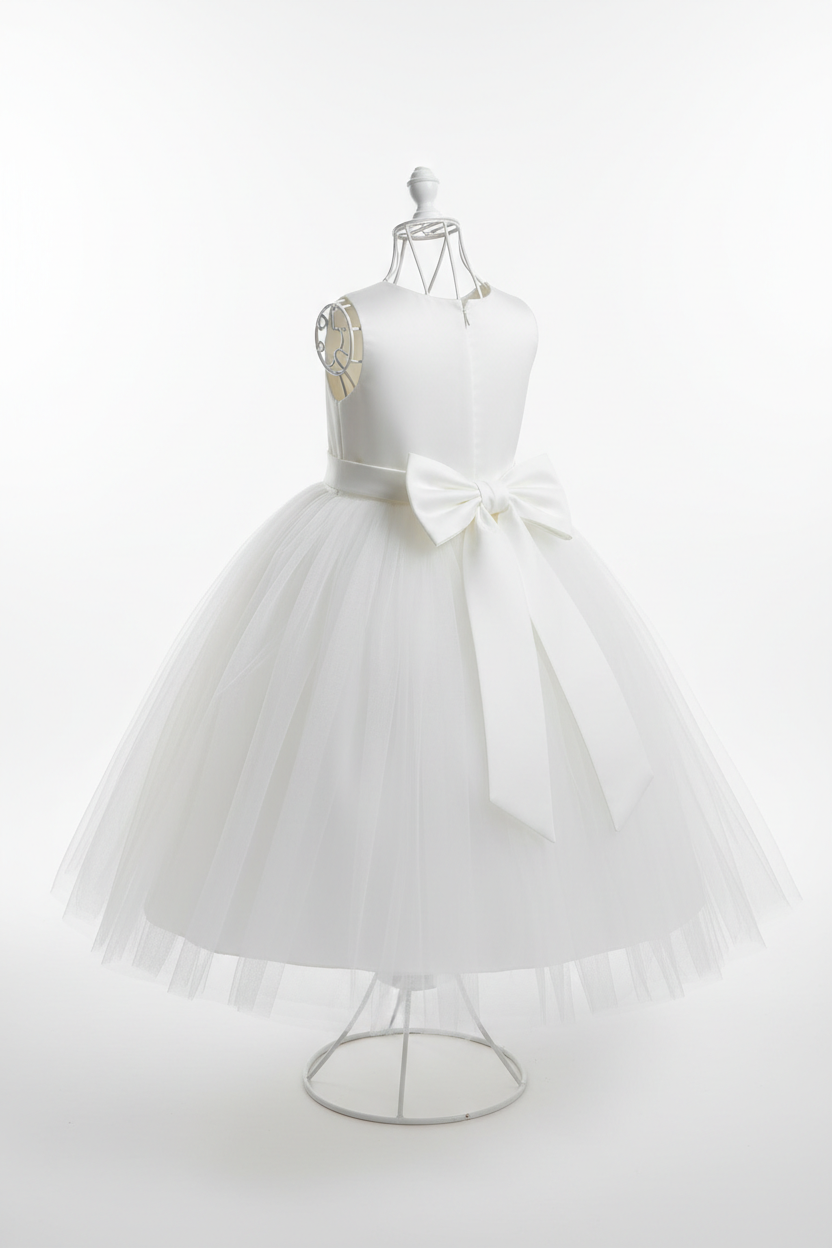 White tulle flower girl dress with satin bow