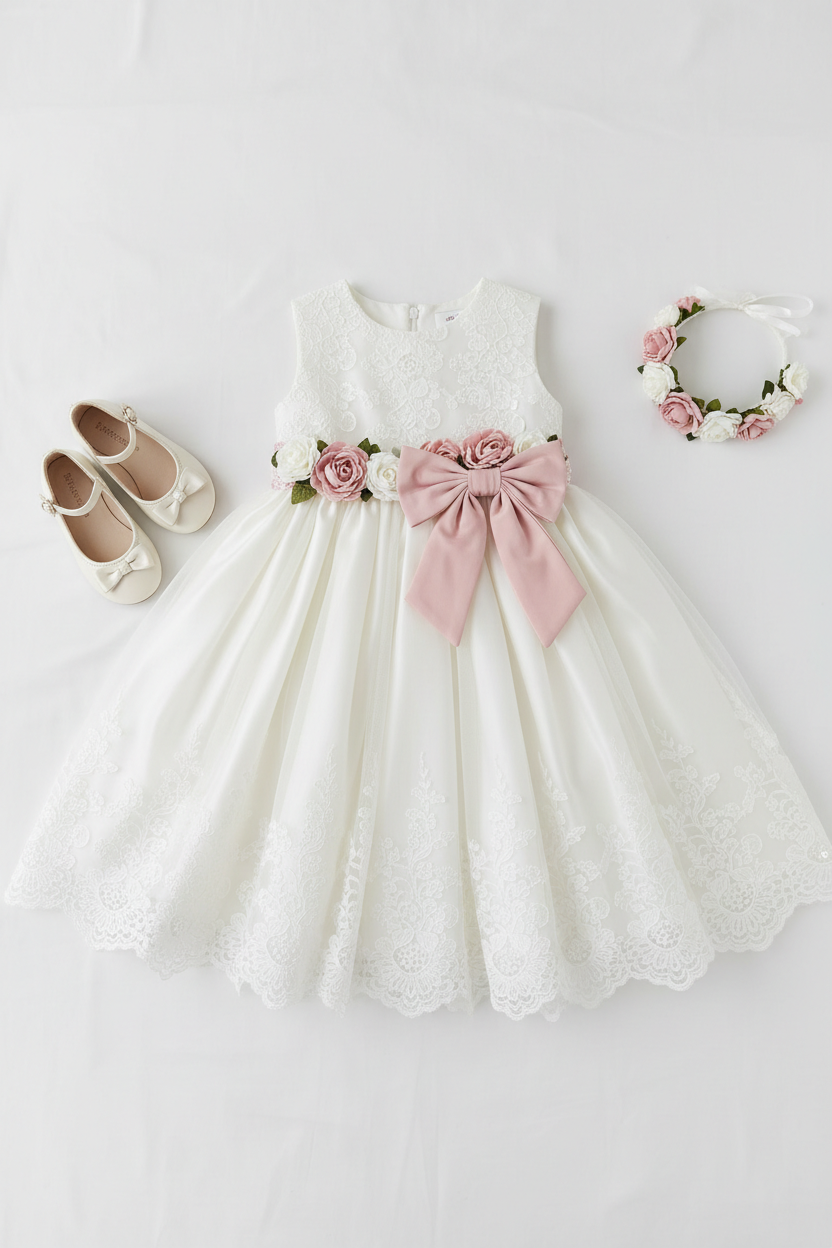Ivory lace flower girl dress with floral sash